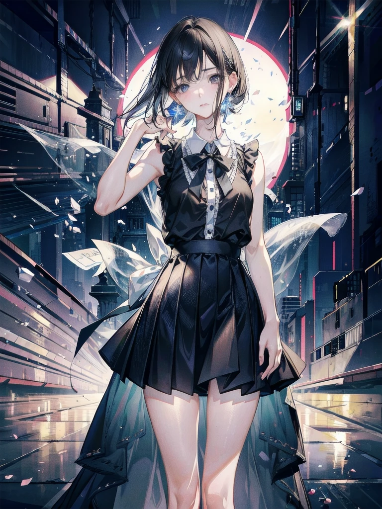 absurdres, RAW photo, extremely delicate and beautiful, masterpiece, Best Quality, ultra high resolution, 32k, hyperrealistic, ultra-detailed, in her 20s, delicate facial features, tearful mole, earring, medium breasts, full body shot, shorter middle hair, black hair, summer school_uniform shirt, sleeveless,