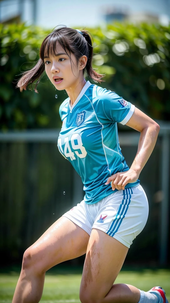 (Highest quality, High resolution:1.2, Super detailed, Realistic:1.37), ((Beautiful woman))、、Vibrant colors, play soccer,((blunt bangs))、Has bangs、Wet Hair, Concentration, Splash, Action Shots, Grass blotches, Muddy ground, Wet turf, Decide, Fast-paced games, Athletic physique, Shiny soccer ball, Wet Uniform, raindrop, Blurred motion, Focus on the ball, Intense competition, Skillful dribbling, Energetic play, Teamwork, powerful shoots, Wet pitch, Passionate sports, Fierce Decimid atmosphere, Fluid movement, emotional expression, Difficult conditions, Dramatic lighting, Women's Sports, Avid athletes, Exciting Games, endure, Excited state, Speed and agility, Energetic play, 濡れたSplash