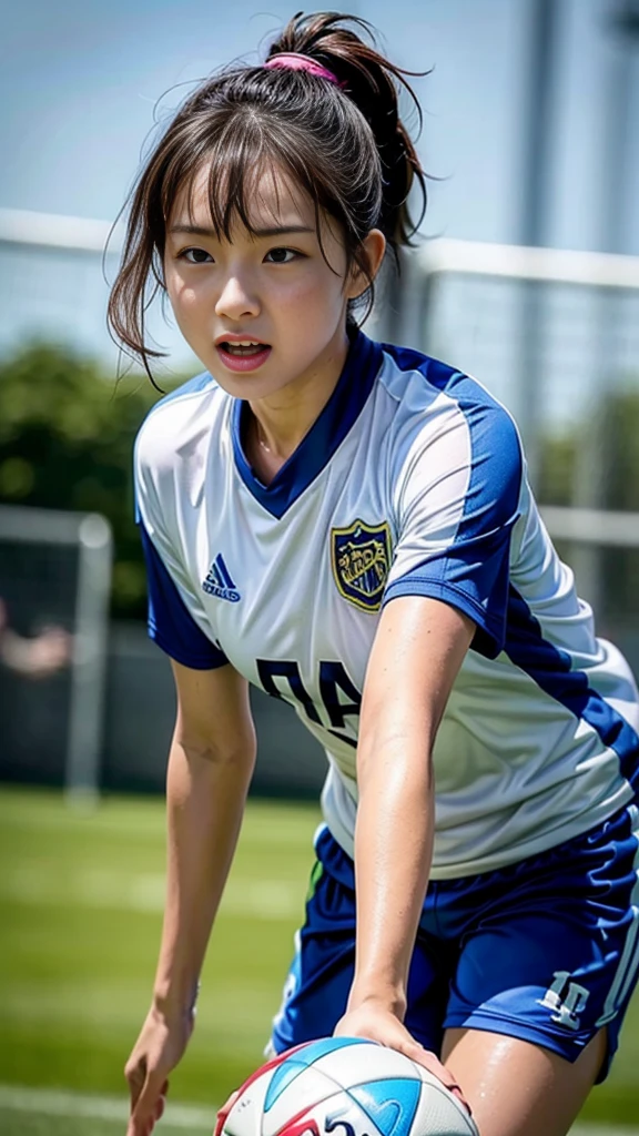 (Highest quality, High resolution:1.2, Super detailed, Realistic:1.37), ((Beautiful woman))、Big Breasts、Vibrant colors, play soccer,((blunt bangs))、Has bangs、Wet Hair, Concentration, Splash, Action Shots, Grass blotches, Muddy ground, Wet turf, Decide, Fast-paced games, Athletic physique, Shiny soccer ball, Wet Uniform, raindrop, Blurred motion, Focus on the ball, Intense competition, Skillful dribbling, Energetic play, Teamwork, powerful shoots, Wet pitch, Passionate sports, Fierce Decide, Humid atmosphere, Fluid movement, emotional expression, Difficult conditions, Dramatic lighting, Women's Sports, Avid athletes, Exciting Games, endure, Excited state, Speed and agility, Energetic play, 濡れたSplash