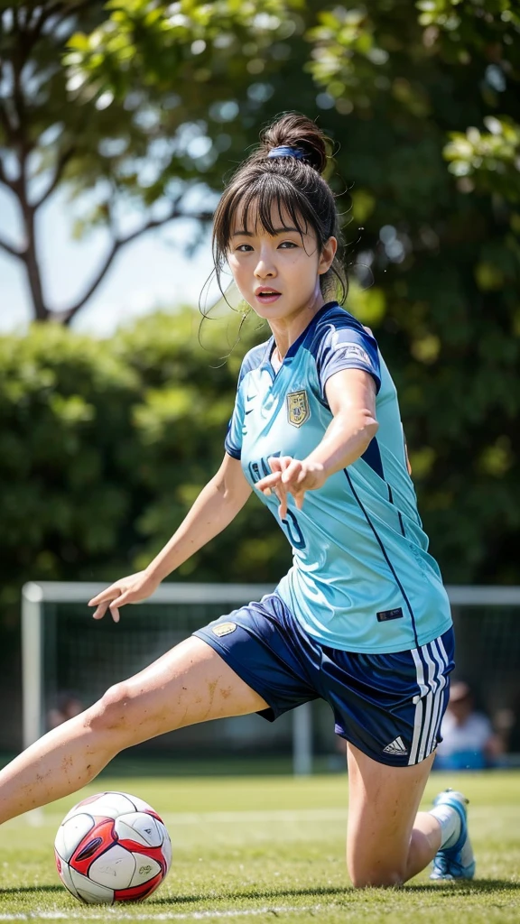 (Highest quality, High resolution:1.2, Super detailed, Realistic:1.37), ((Beautiful woman))、Big Breasts、Vibrant colors, play soccer,((blunt bangs))、Has bangs、Wet Hair, Concentration, Splash, Action Shots, Grass blotches, Muddy ground, Wet turf, Decide, Fast-paced games, Athletic physique, Shiny soccer ball, Wet Uniform, raindrop, Blurred motion, Focus on the ball, Intense competition, Skillful dribbling, Energetic play, Teamwork, powerful shoots, Wet pitch, Passionate sports, Fierce Decide, Humid atmosphere, Fluid movement, emotional expression, Difficult conditions, Dramatic lighting, Women's Sports, Avid athletes, Exciting Games, endure, Excited state, Speed and agility, Energetic play, 濡れたSplash