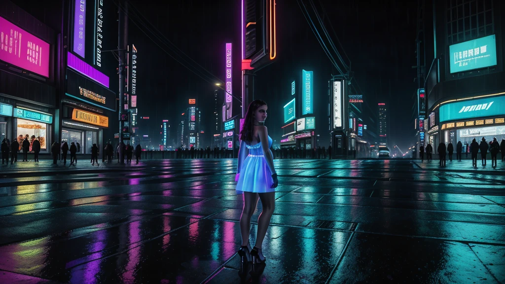 renaissance girl dressed a shoort white dress in cyberpunk streets, bright neons, futuristic architecture, like the Blade Runner 2049 setting, lighting should cool, shades of blue and purple, rainy atmosphere, typical cyberpunk elements, such as holograms and neon panels, to enhance the immersion.