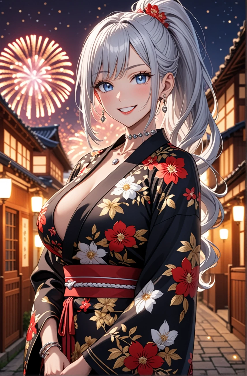 ((One personの女性)), Beautiful Face, (Laughing embarrassedly), (smirk:1.4), ((Wink:1.3)), (head tilt:1.3), Laugh with your mouth wide open, upper teeth, looking at viewer, ((full-face brash:1.5)), Glossy Red Lips, ((Big Breasts:1.3)), night,Rural landscape, firework, Glossy Red Lips, (Shining Face), ((Anime style background)),masterpiece, Highest quality, so beautiful,up to date, Complex details, (Pink long nails), (nail art), (ring),(bracelet),(Floral choker), (helix piercing:1.7), AI-generated, Complex,High resolution, Highest quality, super high quality,3D Images、3D Images,One person,Long white hair,High Ponytail, Anime woman posing for a photo, ((silver eyes:1.5)), ((Fine grain、blue eyes、Shining Eyes:1.4)), (Squint your eyes:1.1),a hyperRealistic , hyperRealistic , Realistic,Anime woman with long white hair, Smooth anime CG art, (A woman in a colorful kimono with gold embroidery), ((Black long sleeve kimono:1.3)), Red floral pattern,(Long flower hair ornament),Floral Earrings,Mature Body,Abdominal muscles,Tight waist, ((Zoom in on face:1.6)), (front view:1.3),