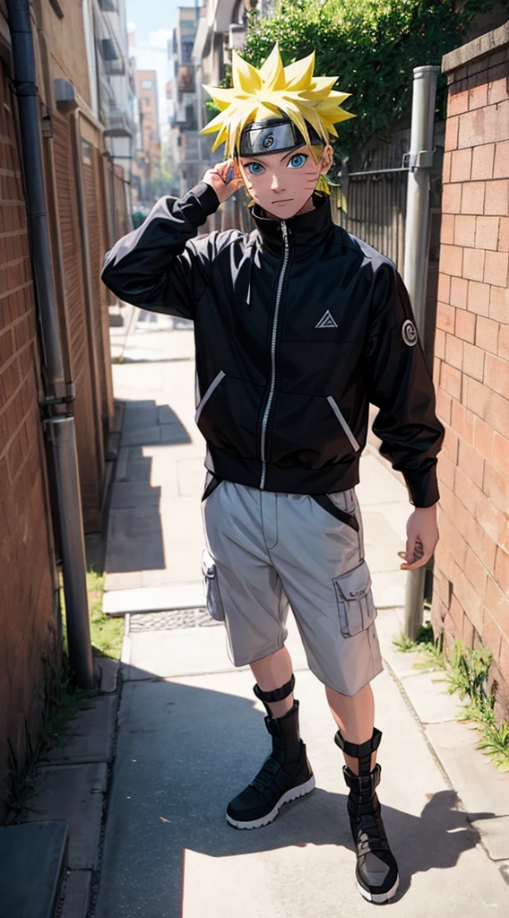 Masterpiece, Superb Style, streewear chothes, Outdoor, half Body, Uzumaki Naruto, blue eyes, short yellow hair,a boy