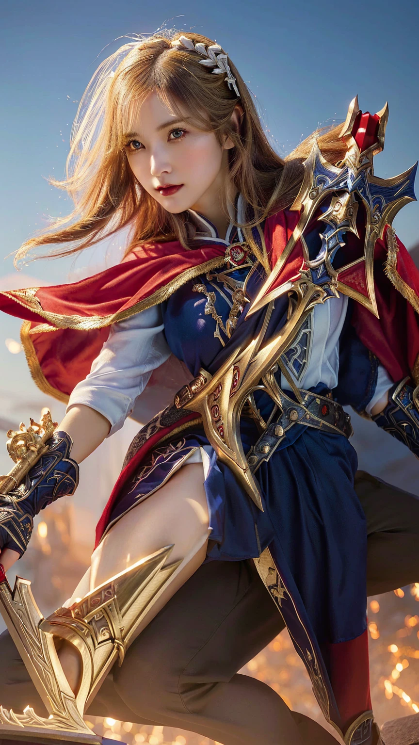 a woman in a red cape holding a sword and a sword, extremely detailed artgerm, jaina proudmoore, astri lohne, picture of female paladin, ashe, artgerm detailed, ig model | artgerm, gorgeous female paladin, female paladin, style artgerm, trending artgerm, portrait of female paladin