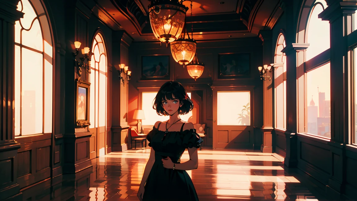 Luxury hotel lounge,Tea set, Traveler, A dress with atmosphere, Adult women ,Perfect Face, smile, (Backlight: 1.1), A scene from a movie, Soft Shadows, masterpiece, Highest quality, Complex, Model shooting style, Film Grain, Wide Shot、Red lipstick、Blue tones
