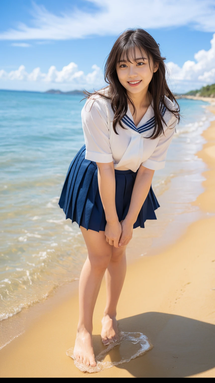 (((Top-down configuration:1.33)))、((No underwear:1.55))、One Girl、Beautiful and detailed eyes and face、barefoot、20 year old cute Japan woman, ((Extremely precise and accurate anatomy:1.0)), (photo Realistic:1.4), (hyper Realistic:1.4), (最高品質のRealisticな肌の質感:1.4), (Improvement of quality:1.4), (Enhances the beauty of skin texture:1.1), Clean and glowing skin, mesh, thin:1.2, (Realistic:1.3), Realisticなライティング, (Smoother lighting:1.05), (Improving the quality of cinema lighting:0.9), Backlight, A gentle light on your face, Ray Tracing, (Bright light:1.2), 32k, One Japanese woman, fine grain, Detailed face, (Film Grain:1.1),(Accentuates body lines:1.1), High resolution, Natural look, Kind eyes, Improves hair quality, Delicate light and shadow, Transparent muscles, Graceful pose, Beautiful Eyes, Sharp details, Soft light reflection, Beautiful contours, Delicate skin tone, Fine hair texture, Natural background, (((sunny day、Beach、A strong wind is blowing、Her hair and skirt are flying、Squat, Traditional navy blue sailor uniform、Open shirt、Pleated skirt、Scooping seawater with hands:1.25、splash、Sandy Beach、Light of the sun、clear blue sea、The waves crash quietly、Blue sky and white clouds、green mountain々、Beautiful Nature、The joys of youth)))、