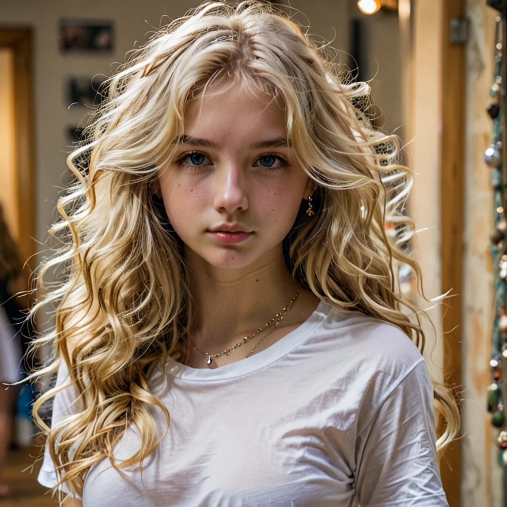 1girl in, age16, Solo, Long wavy hair, , long messy windy blonde hair, looking at camera, o-face, blonde hair, jewelry, Full body, (extremely detailed 8k wallpaper), soft lighting, high quality, film grain, Fujifilm XT3 sharp focus, f 5.6, 50mm, High Detail, Sharp focus,(natural light), (seductive), revealing, Realistic, sexy, tight white t-shirt