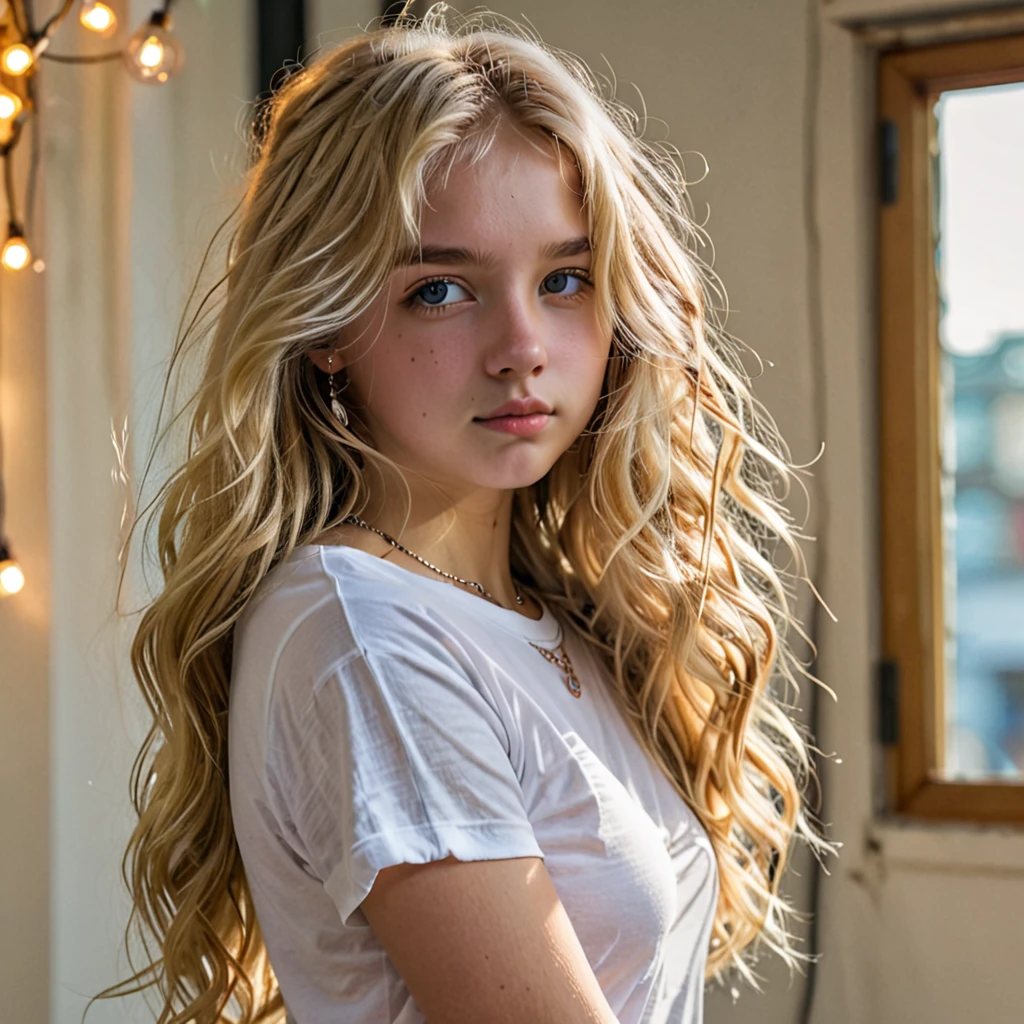 1girl in, age16, Solo, Long wavy hair, , long messy windy blonde hair, looking at camera, o-face, blonde hair, jewelry, Full body, (extremely detailed 8k wallpaper), soft lighting, high quality, film grain, Fujifilm XT3 sharp focus, f 5.6, 50mm, High Detail, Sharp focus,(natural light), (seductive), revealing, Realistic, sexy, tight white t-shirt