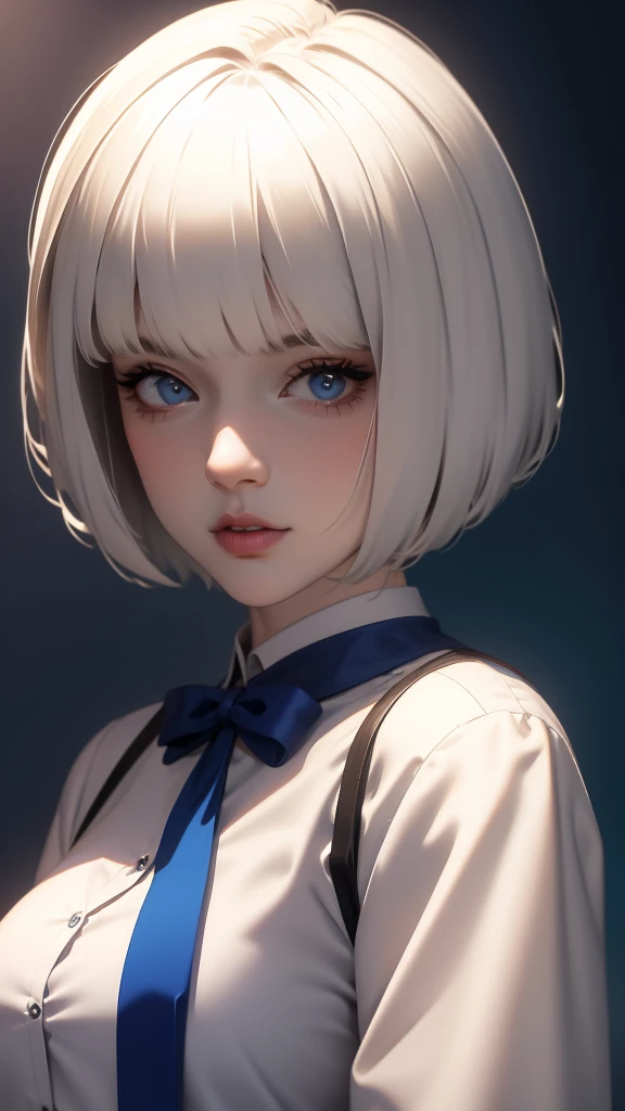 1girl,realistic,short hair,gigantic breast, uniform, long sleeve shirt,extremely detailed eyes and face,longeyelashes,beautiful detailed lips,masterpiece,ultra-detailed,realistic,HDR,UHD,studio lighting,vivid colors,high quality,best quality,4k,8k,highres,masterpiece:1.2,professional,blue background