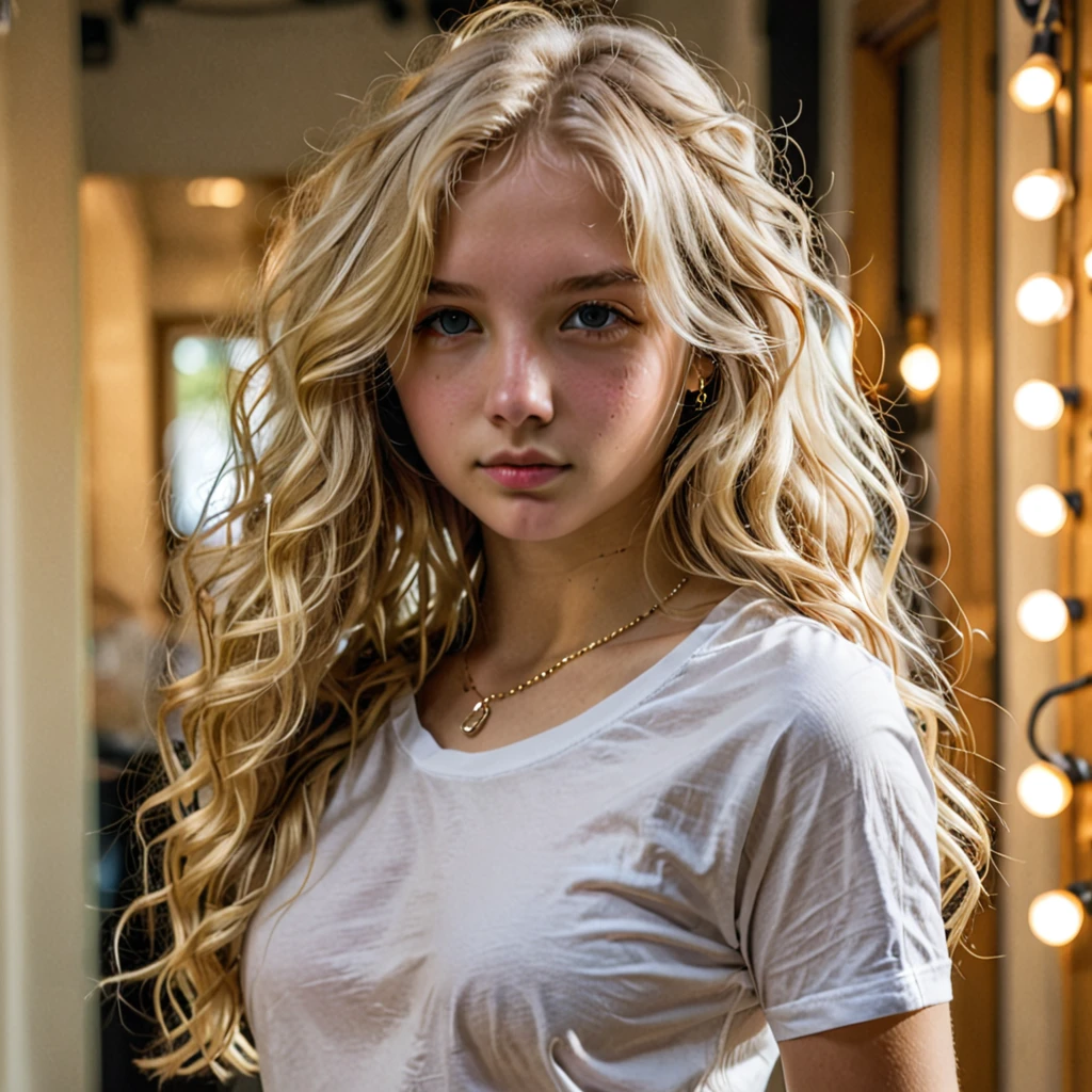 1girl in, age16, Solo, Long wavy hair, , long messy windy blonde hair, looking at camera, o-face, blonde hair, jewelry, Full body, (extremely detailed 8k wallpaper), soft lighting, high quality, film grain, Fujifilm XT3 sharp focus, f 5.6, 50mm, High Detail, Sharp focus,(natural light), (seductive), revealing, Realistic, sexy, tight white t-shirt