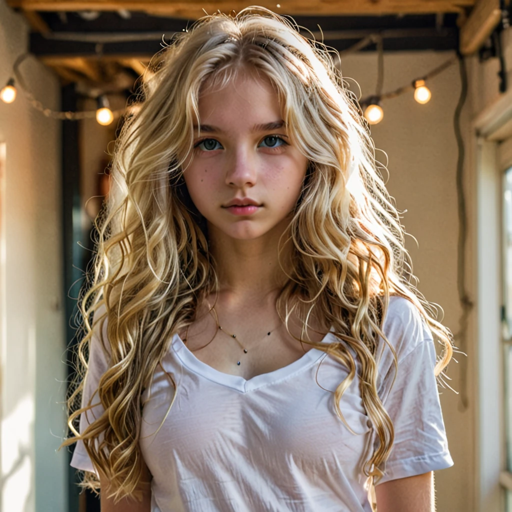 1girl in, age16, Solo, Long wavy hair, , long messy windy blonde hair, looking at camera, o-face, blonde hair, jewelry, Full body, (extremely detailed 8k wallpaper), soft lighting, high quality, film grain, Fujifilm XT3 sharp focus, f 5.6, 50mm, High Detail, Sharp focus,(natural light), (seductive), revealing, Realistic, sexy, tight white t-shirt