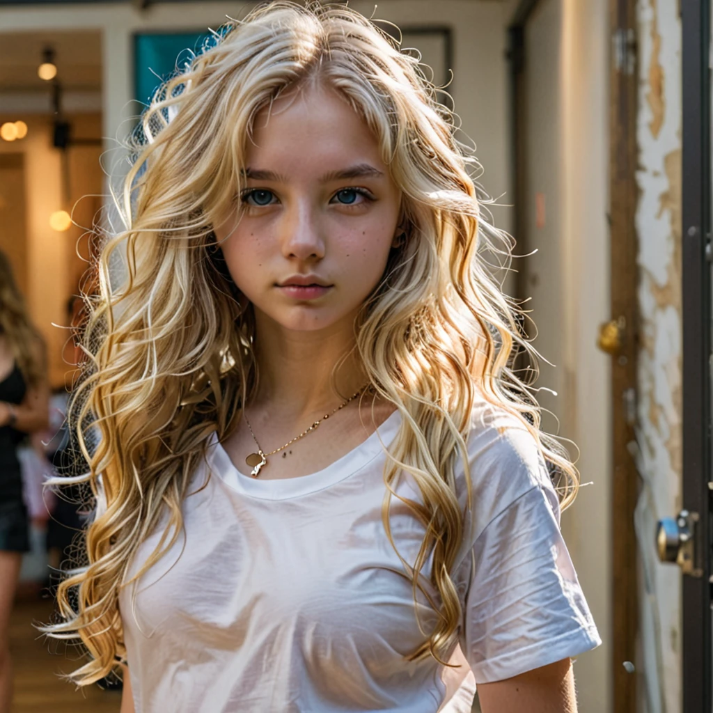 1girl in, age16, Solo, Long wavy hair, , long messy windy blonde hair, looking at camera, o-face, blonde hair, jewelry, Full body, (extremely detailed 8k wallpaper), soft lighting, high quality, film grain, Fujifilm XT3 sharp focus, f 5.6, 50mm, High Detail, Sharp focus,(natural light), (seductive), revealing, Realistic, sexy, tight white t-shirt