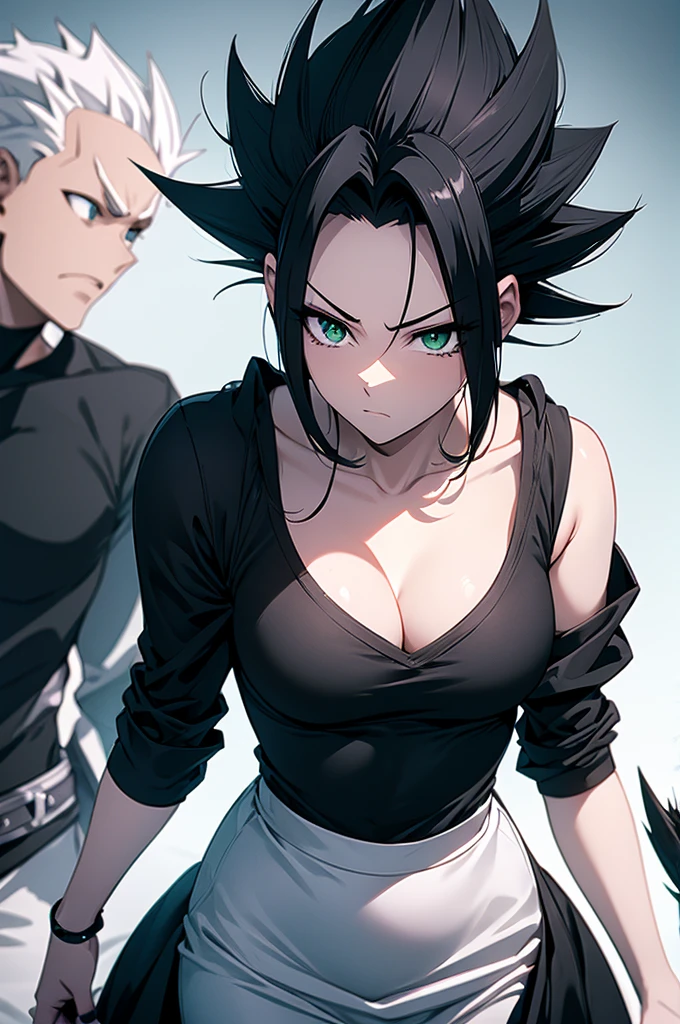 sarada anime + Vegeta spiky mohawk hair with gel short dress sexy V cuts neckline walking on a dark gloomy street scared style photo realism, fully detailed drawing in black and black and only the green eyes