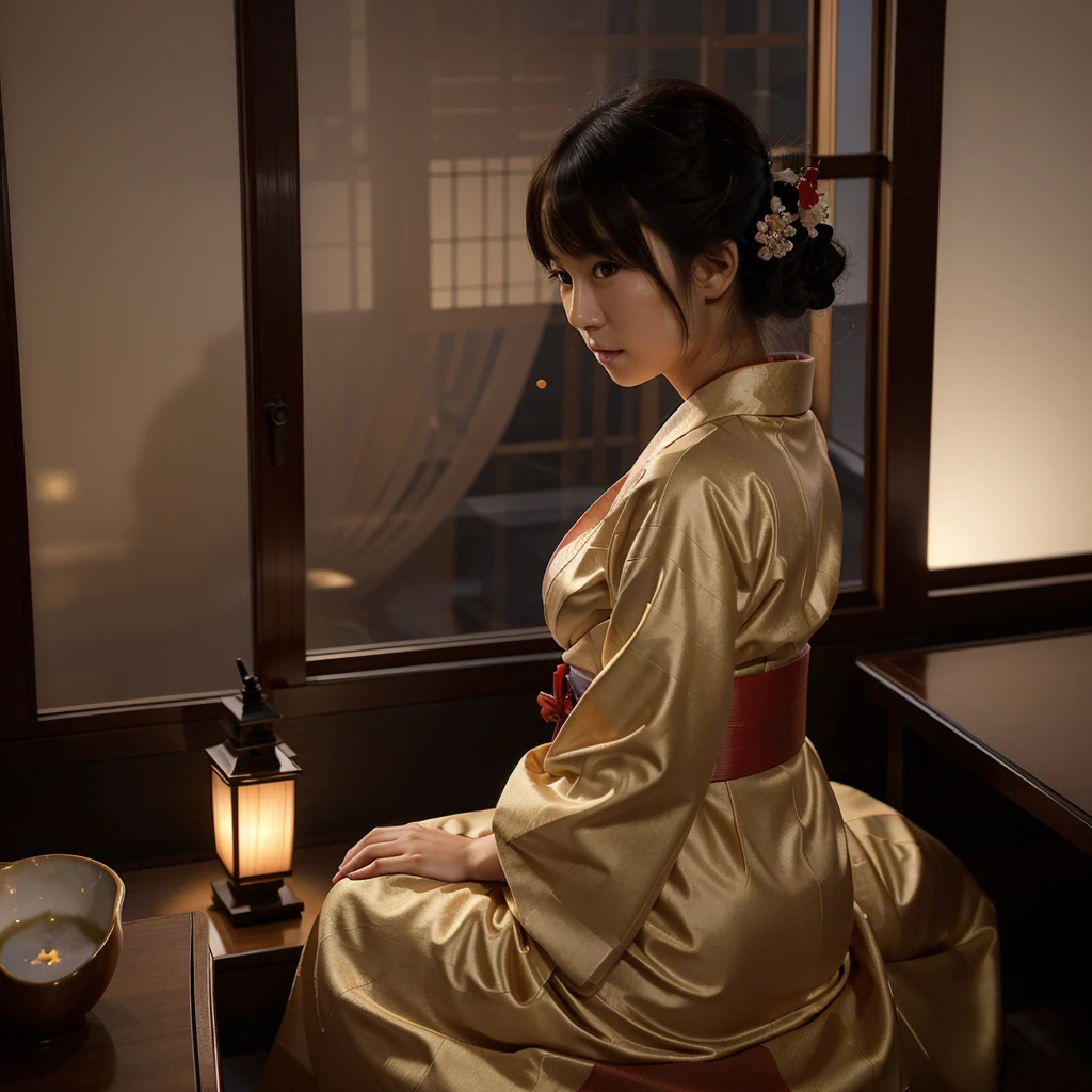 photorrealistic, standing alone, Beautiful woman from Japan, traditional kimono, natural figure, soft smiling, impressive gaze, Traditional hairstyle, Japanese room at dusk, sitting by the window, illuminated by city lights, (Attractive posing), Professional photographer, Shallow depth of field, back-illuminated,