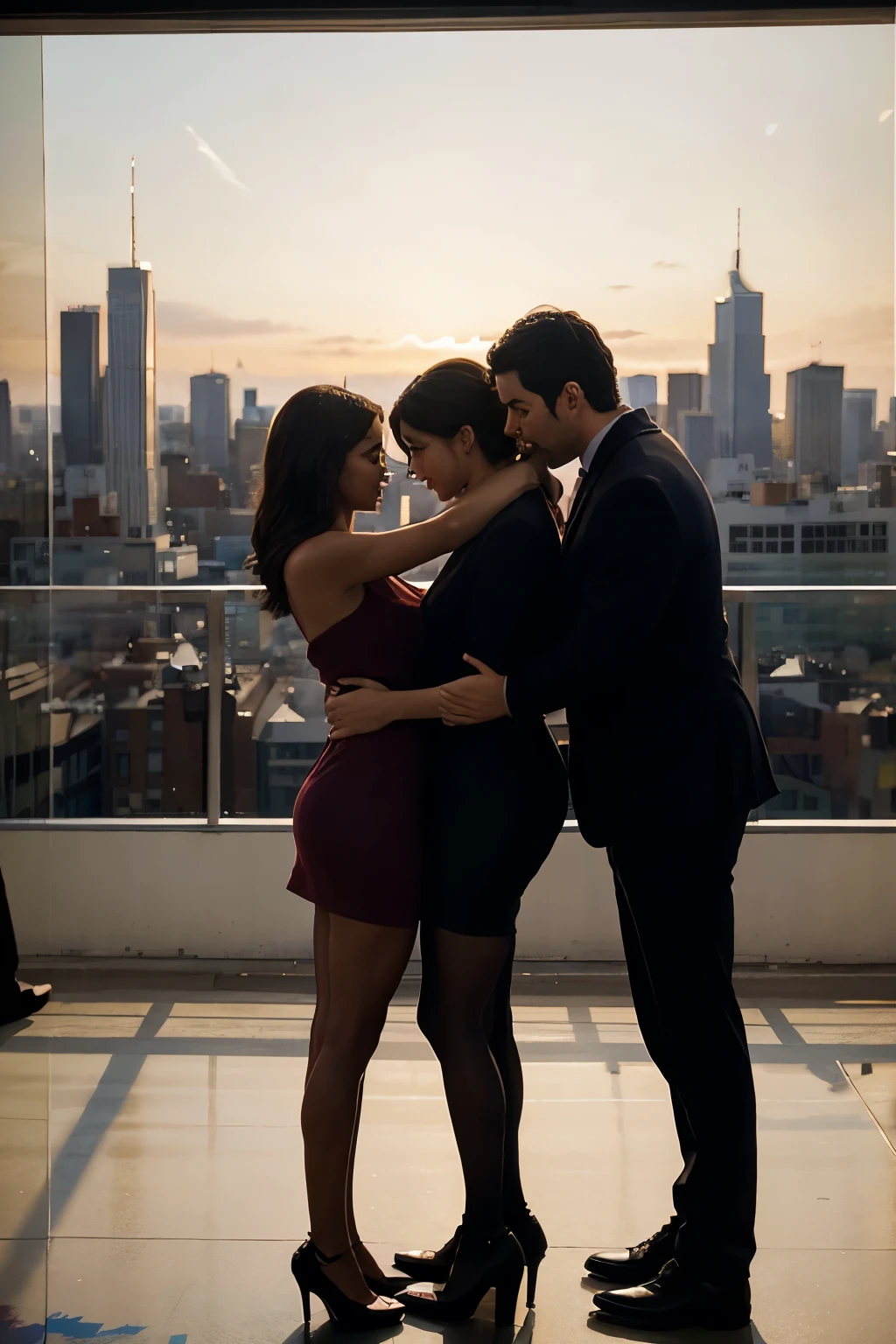 Three silhouetted figures embracing, each in a different vibrant color, set against a blurred cityscape background. The figures should be positioned in a warm, affectionate pose, with the city skyline providing a soft, out-of-focus backdrop. Use a painterly, impressionistic style to create a dreamlike, emotive atmosphere.