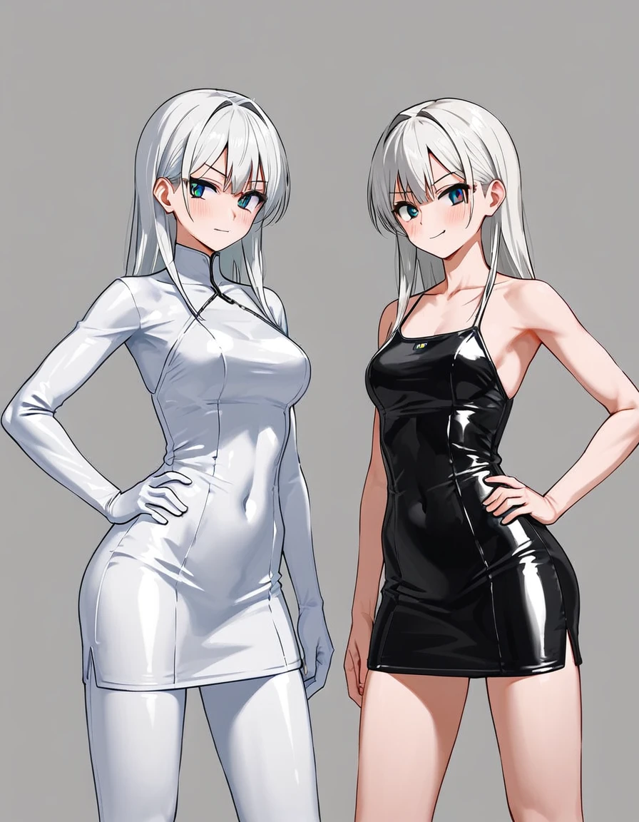 The image shows a corpulent female character, with white hair and a white latex dress, standing with one hand on her hip and the other on her head, displaying a confident posture, anime, anatomically correct, super detail, high quality, 4K