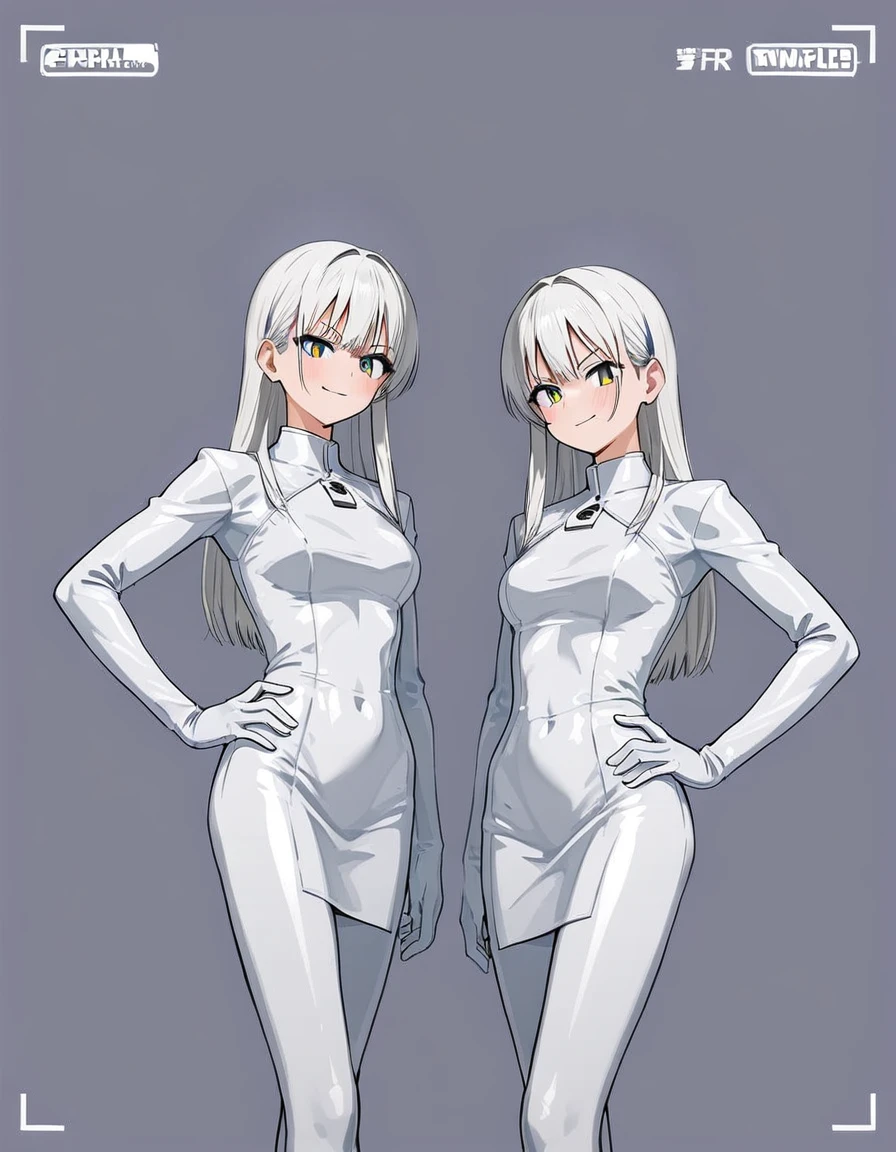 The image shows a corpulent female character, with white hair and a white latex dress, standing with one hand on her hip and the other on her head, displaying a confident posture, anime, anatomically correct, super detail, high quality, 4K