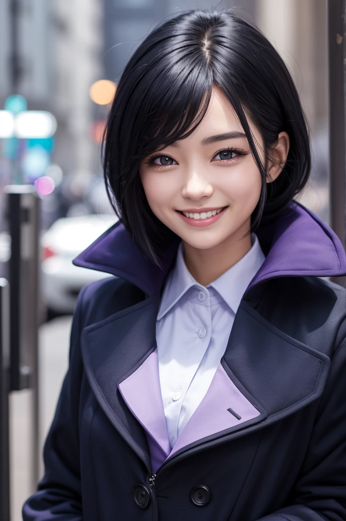 A character with black hair,purples eyes,navy blue coat and smiling