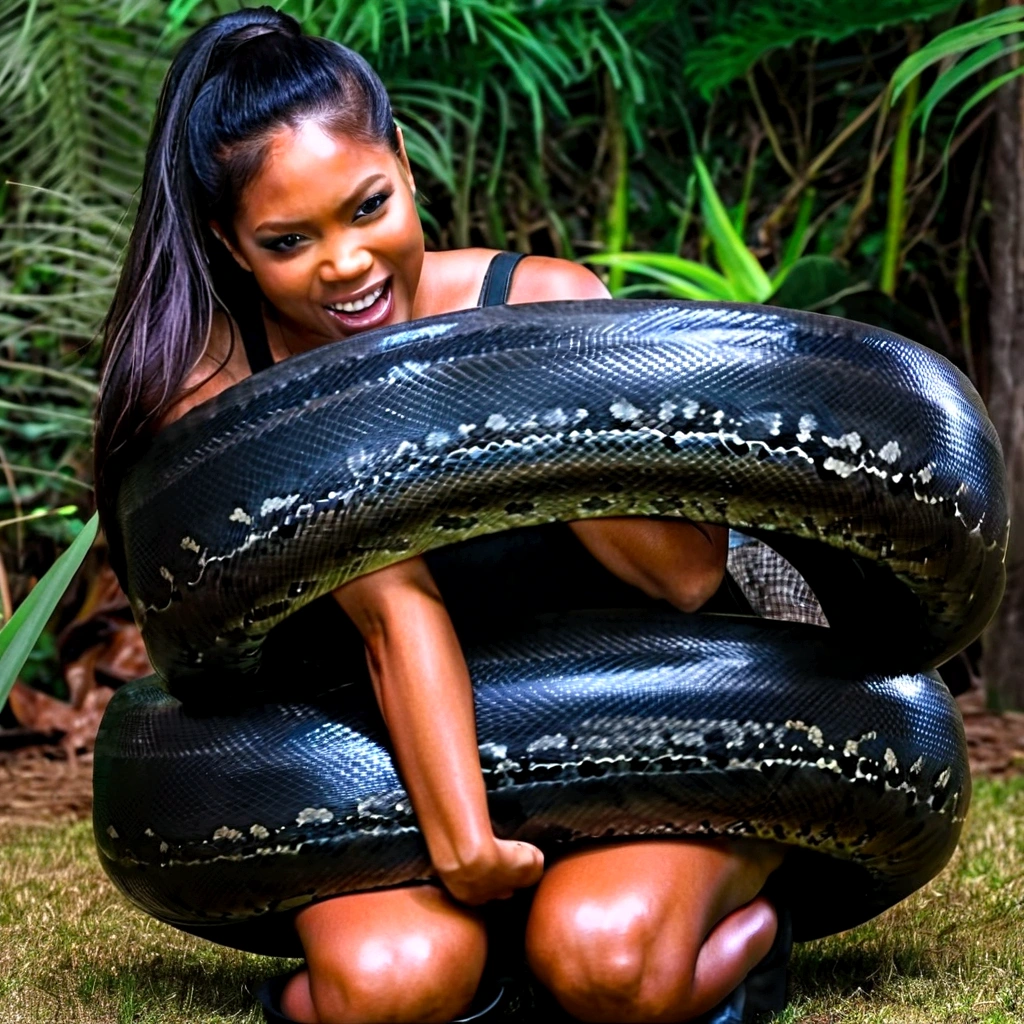 Happy Horny, aroused 1girl), beautiful kneeling Filipino young girl with giant colossal black titanboa squeezing her hard, wrapped in thick spiraling coils, constricted, struggle, gasping for air, snake attack, snake peril, moonless night, dim light