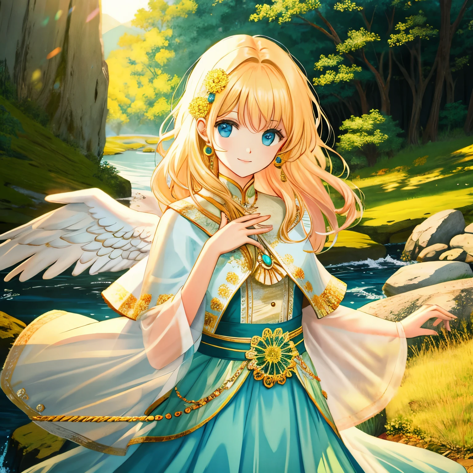 Theme: Peace and Serenity, Improved Living Standards, Prosperity **BREAK**
Number of Characters: One (central character) **BREAK**
Facial Details: Calm expression, gentle eyes, a hint of a smile **BREAK**
Movement Details: Arms spread in a welcoming gesture **BREAK**
Emotions and Expressions: Warmth and a sense of security **BREAK**
Perspective: Frontal view **BREAK**
Composition: Character centered, surrounded by lush nature and urban landscape **BREAK**
Background Details: Peaceful village or city, rich natural environment **BREAK**
Costume Details: Symbolic attire and accessories representing peace **BREAK**
Body Type: Balanced proportions **BREAK**
Wings, Horns, Tails: None (excluding angelic or mythical elements) **BREAK**
Hair Style and Color: Long hair in subdued tones **BREAK**
Accessories: Items symbolizing peace **BREAK**
Weapons: None (in keeping with the theme of peace) **BREAK**
Light and Shadow: Soft lighting to convey warmth **BREAK**
Color Scheme: Bright and gentle hues **BREAK**
Illustration Size: 768x768 **BREAK**
Illustration Atmosphere: Bright ambiance providing hope and reassurance **BREAK**
Additional Elements: Items symbolizing the improvement of living standards **BREAK**
Worldview: Modern or ideal future **BREAK**
Style: Photorealistic or Semi-Real **BREAK**
Power Words: Peace, Prosperity, Blessing **BREAK**
Image Quality: High resolution with clear quality **BREAK**
Specialized Type: Realistic and detailed art **BREAK**
Versatile Type: Well-balanced composition and colors **BREAK**
Resolution: 4K or higher for vivid details **BREAK**
Fixed Colors: Gold, Blue, Green, Light Blue, Yellow **BREAK**
Context and Narrative: Center of a peaceful future city where people cooperate and thrive **BREAK**
Color Harmony: Palette symbolizing hope and harmony with gold, blue, and green **BREAK**
Texture and Materials: Fusion of natural materials and advanced technology in attire and architecture **BREAK**
Balance and Composition: Character central with a b