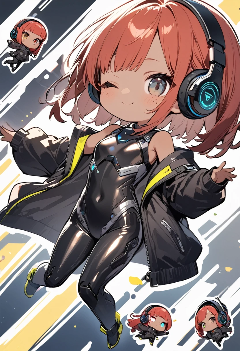 full body,1 girl, Android girl, cyberpunk, chibi emote, chibi character, jumping pose, (cute:1.3),red Hair, left eye yellow, right eye blue, tan skin, freckles｛White breastplate, Black futuristic headphones, Mechanical black glossy metallic Bodysuit, Bare shoulders, oversized jacket, Glossy, shiny material｝