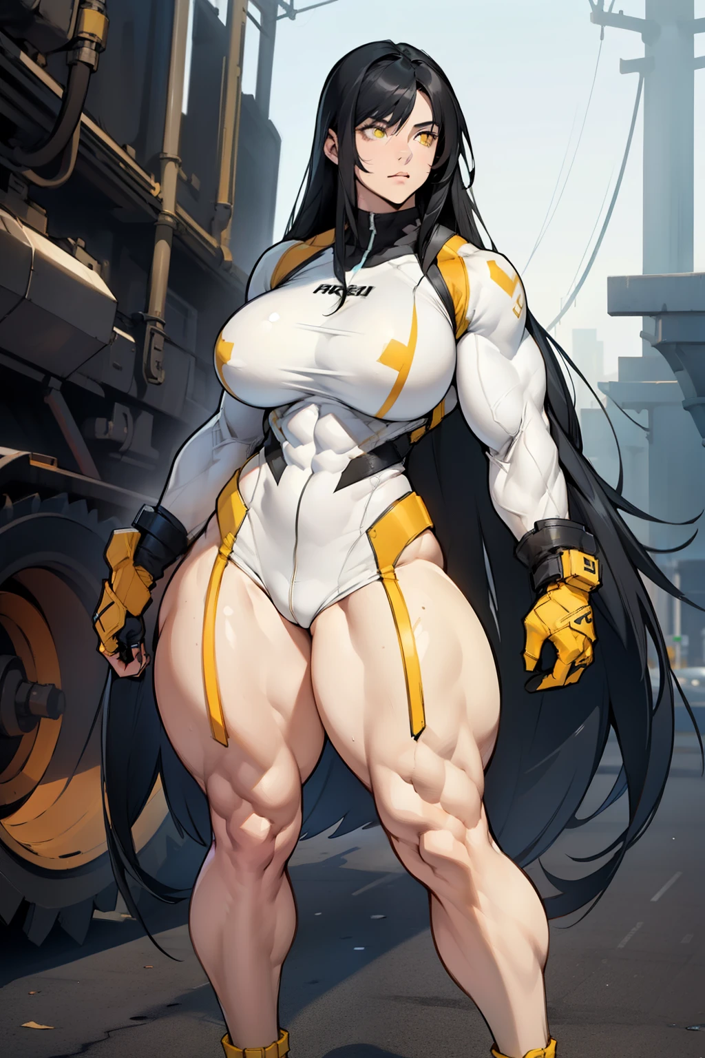 (((((1 girl))))), black hair, yellow eyes, very long hair, tall, pale skin, bodysuit, ((full body)), (solo), thin waist, ((((((muscular)))))), ((((huge breasts)))), ((((thick thighs))))