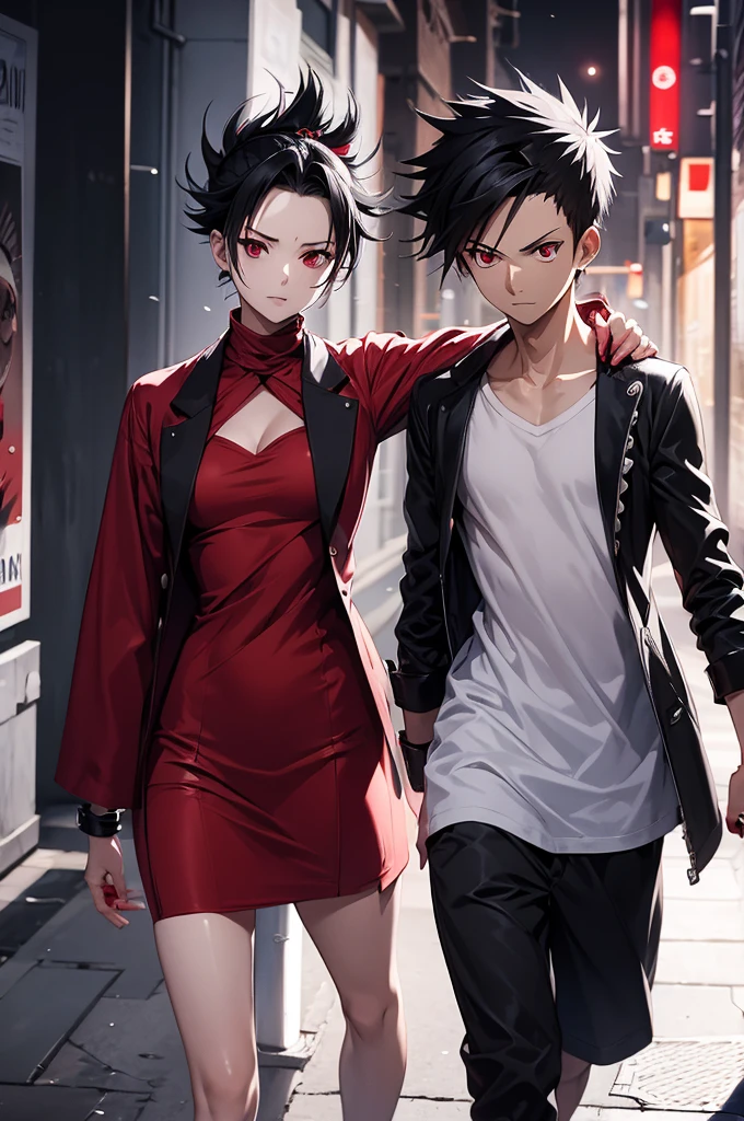 sarada anime + Luffy spiky mohawk hair with gel short dress sexy V cuts neckline walking on a dark gloomy street scared style photo realism, Fully detailed drawing in black and black and only the red eyes