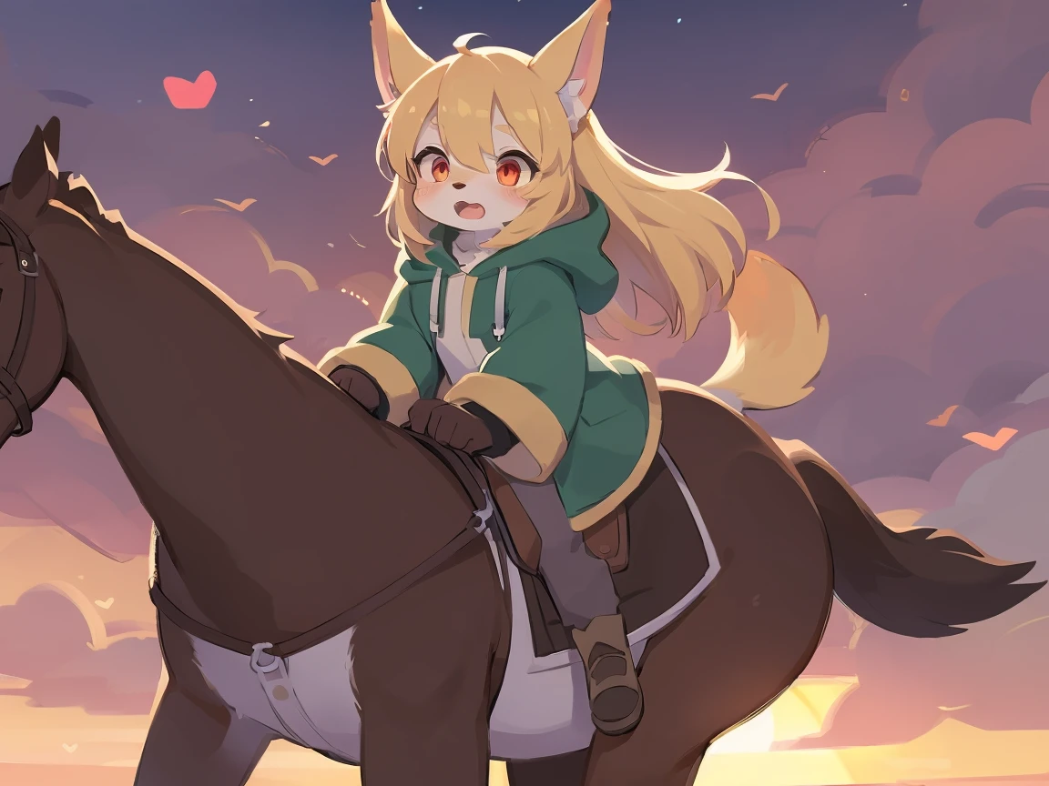 the fox, , was hairy, shaggy, skin fur, smooth lashes, golden fur, forelimb hands, straight long blonde hair, solid circle eyes, golden ears, golden fur, golden facial fur, shiny hair, red eyes, heart-shaped eyes, super cute face, 1fox tail, fluffy tail, furry tail, glowing eyes, green coat green hood down, brown trousers, riding unsaddled horse, open mouth, embarrassed, ambient light, ultra-fine fur, dashed eyes, full body, masterpiece, high quality, high-details, best quality, from front, (((solo))), twilight, sun light, red sky, rim light