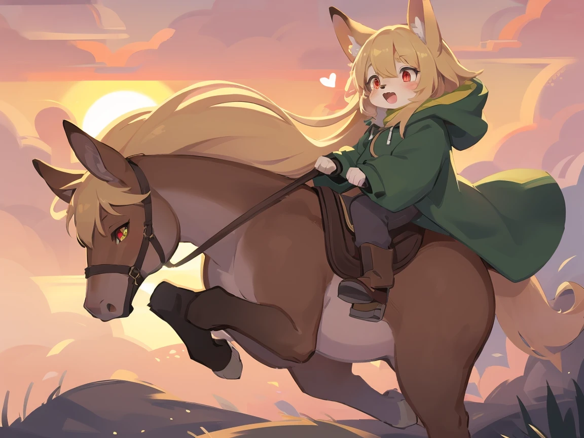 the fox, , was hairy, shaggy, skin fur, smooth lashes, golden fur, forelimb hands, straight long blonde hair, solid circle eyes, golden ears, golden fur, golden facial fur, shiny hair, red eyes, heart-shaped eyes, super cute face, 1fox tail, fluffy tail, furry tail, glowing eyes, green coat green hood down, brown trousers, riding unsaddled horse, open mouth, embarrassed, ambient light, ultra-fine fur, dashed eyes, full body, masterpiece, high quality, high-details, best quality, from front, (((solo))), twilight, sun light, red sky, rim light
