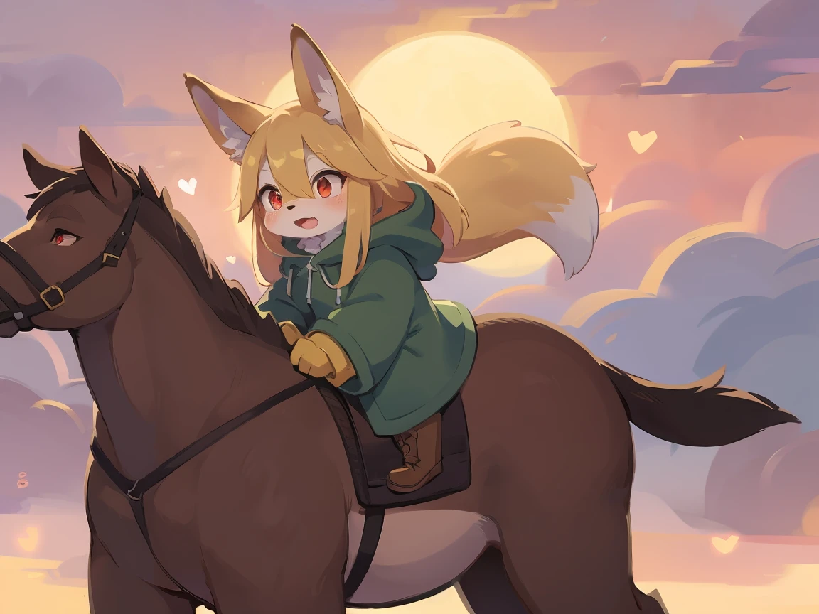 the fox, , was hairy, shaggy, skin fur, smooth lashes, golden fur, forelimb hands, straight long blonde hair, solid circle eyes, golden ears, golden fur, golden facial fur, shiny hair, red eyes, heart-shaped eyes, super cute face, 1fox tail, fluffy tail, furry tail, glowing eyes, green coat green hood down, brown trousers, riding unsaddled horse, open mouth, embarrassed, ambient light, ultra-fine fur, dashed eyes, full body, masterpiece, high quality, high-details, best quality, from front, (((solo))), twilight, sun light, red sky, rim light