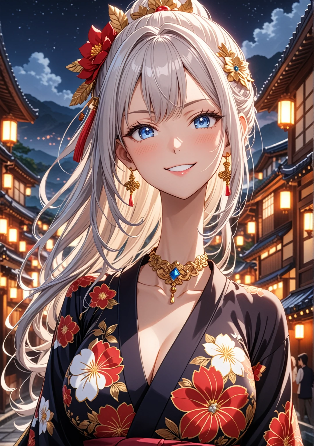 ((One personの女性)), Beautiful Face, (Laughing embarrassedly), ((smirk:1.2)), ((Wink:1.3)), (head tilt:1.3), upper teeth, looking at viewer, ((full-face brash:1.5)), ((Big Breasts:1.3)), night,Countryside landscape, Glossy Red Lips, (Shining Face), ((Anime style background)),masterpiece, Highest quality, so beautiful,up to date, Complex details, (Pink long nails), (nail art), (ring),(bracelet),(Floral choker), AI-generated, Complex,High resolution, Highest quality, super high quality,3D Images、3D Images,One person,Long white hair,High Ponytail, Anime woman posing for a photo, ((silver eyes:1.3)), ((Fine grain、blue eyes、Shining Eyes:1.3)), (Squint your eyes:1.1),a hyperRealistic , hyperRealistic , Realistic,Anime woman with long white hair, Smooth anime CG art, (A woman in a colorful kimono with gold embroidery), ((Black long sleeve kimono:1.8)), (Red floral pattern),Long flower hair ornament,Earrings,Mature Body,Tall,Abdominal muscles,Tight waist, ((Zoom in on face:1.8)), (front view:1.3),