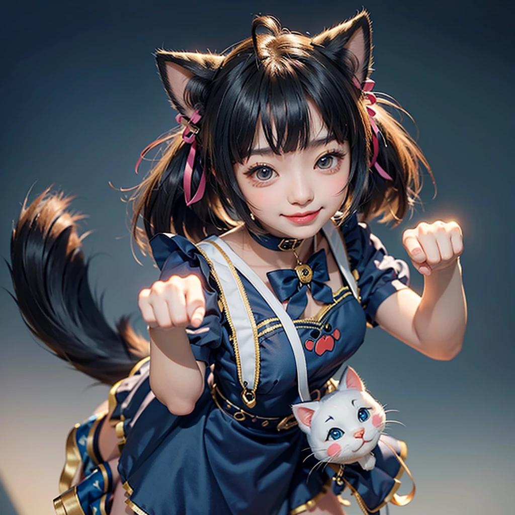 最high quality, (masterpiece:1.2), Very detailed, Are standing, Cat ear, One girl, alone, Looking at the audience, Mouth closed, smile, From above, Cat&#39;s Fangs，Red Hair, Twin tails , Blue ribbon hair ornament, Tie your hair up, beautiful, beautiful woman, Perfect body, Perfect breasts, Wear earrings, wear the watch, Looking at the audience, a smile, realism, masterpiece, Skin Texture, Very detailed, High detail, high quality, 最high quality, 1080P, 16K