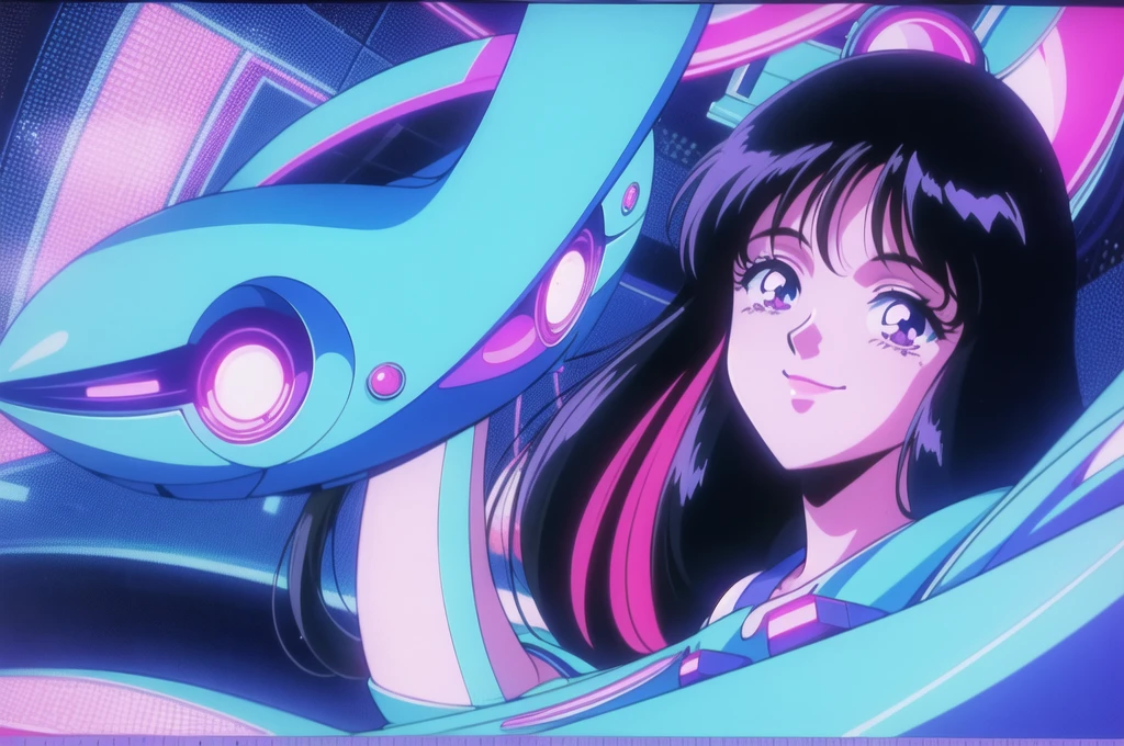 1990s (style), 1980s (style), anime girl, smiling, long black hair, computer monitor, vaporwave aesthetic, blue and pink neon lights, high quality