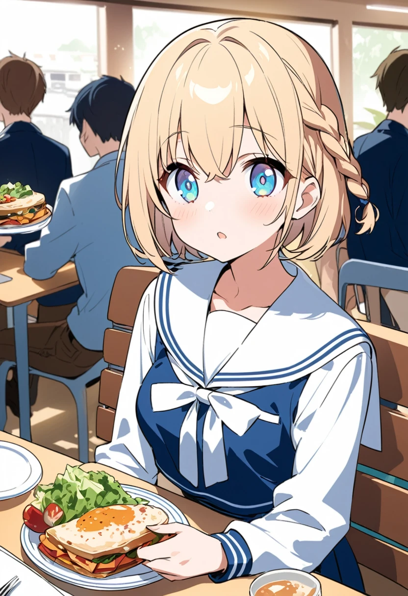 You are a professional illustrator。Please carefully check and draw the illustration according to the following conditions.。High school students enjoying their lunch in a crowded cafeteria、Delicate and beautiful anime face、Clear Eyes、Sailor suit、Braided short hair、