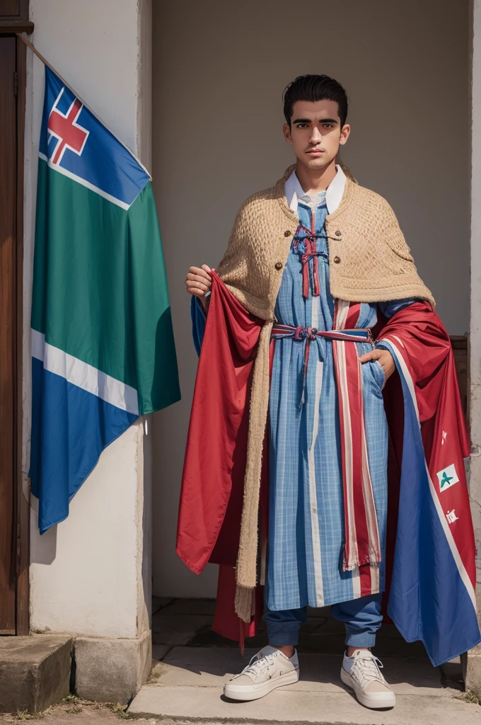 drawing of Azorean lllgalinha with clothes holding the Azorean flag