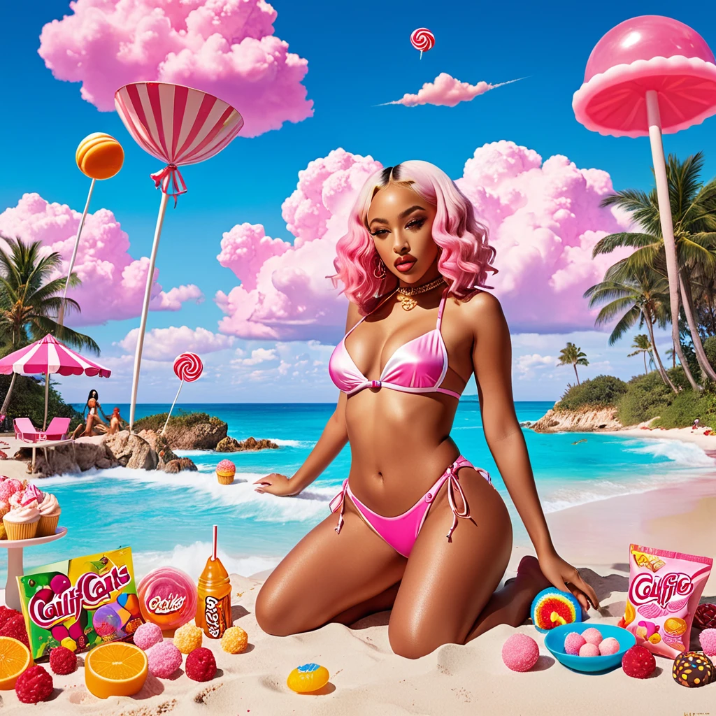 advertising poster, Promotional Photo for Pop Rap Single CALIFÓRNIA GIRLS by artist called Doja Cat, with bikinis, various sweets, candies, lollipops, jellies, pink clouds, hair down to the toes, big ass, perfect body, fantastic landscape,