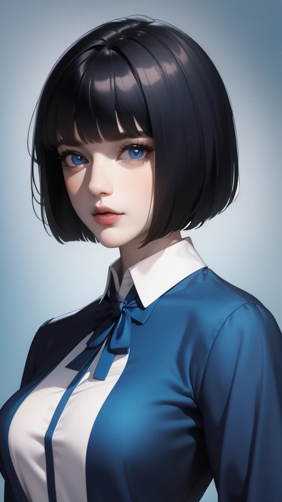 1girl,realistic,short hair,gigantic breast, uniform, long sleeve shirt,extremely detailed eyes and face,longeyelashes,beautiful detailed lips,masterpiece,blue background