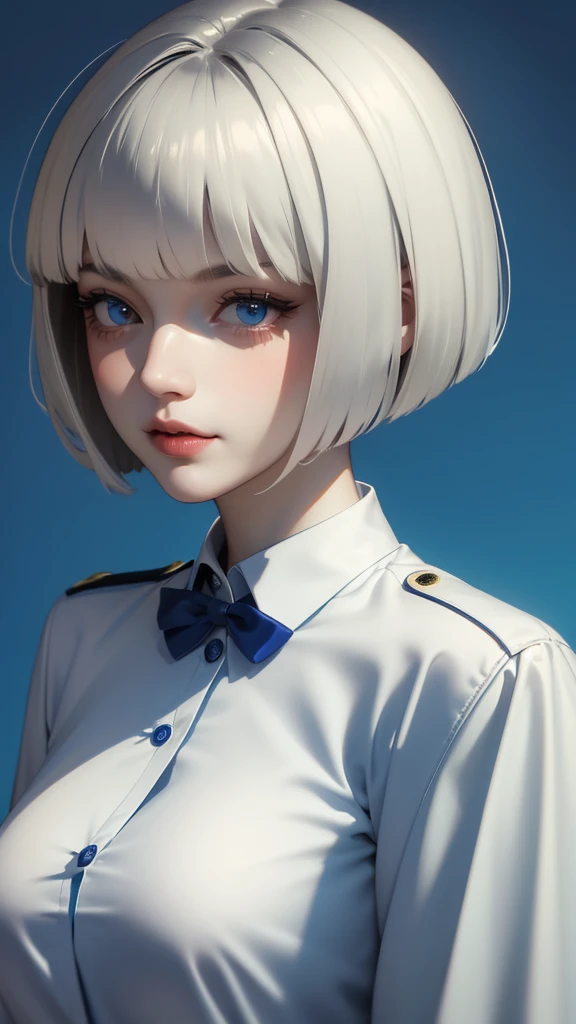 1girl,realistic,short hair,gigantic breast, uniform, long sleeve shirt,extremely detailed eyes and face,longeyelashes,beautiful detailed lips,masterpiece,blue background