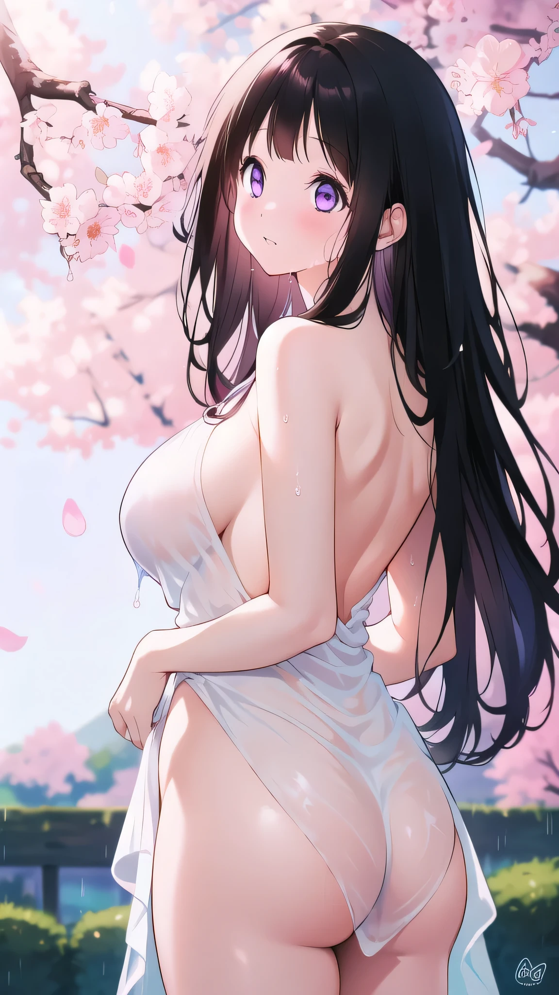 Amazing Chitanda, There is only one beautiful girl,Purple Eyes, Black Hair, Very red face,Very white skin,Glowing skin,Skin as delicate as porcelain,Naturally straight hair, Straight bangs,Extremely refined,Open lips,Long flowing hair,Beautiful Girl, Like a dream,Slim,Slim waist,soft, (sensuous), (Kawaii), Dream quality,Beautiful big breasts,Sheer loose dress,areola,Completely naked,Lower edge of breast,White gloves,Flower decoration,Deep V neckline,Loose neckline,White lace-up,Wide neckline,In school,look up,Place your hands on your inner thighs,Thighs clamp hands,Wet skin,Sweaty and sweaty,Sweating all over,it is raining,Next to the cherry blossom trees,Back to,Lean over,Hips,Side body,Gluteal groove,Completely naked buttocks,Bare back,Completely naked back,Light transmission,(no pants),nopan,pussy juice,Bare shoulders,There are no shoulder straps,Bare neck,Exposed collarbone,Exposing breasts,Exposing breasts side,Exposing breasts,Show your waist,Show your buttocks,Show your thighs,Exposing the groin,(No pants),extremely shy,Ultra-high resolution, (masterpiece:1.2, best quality), (Delicate and beautiful eyes: 1.2), (Beautiful and delicate face)