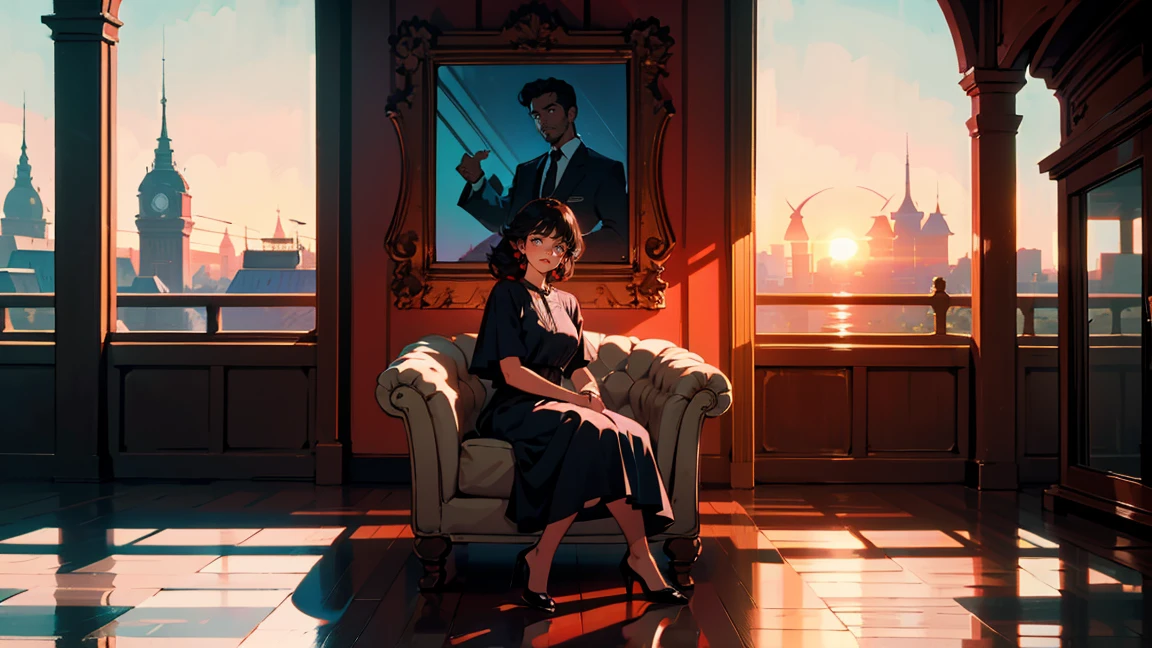 Luxury hotel lounge,Tea set, Traveler, A dress with atmosphere, Adult woman sitting on a chair ,Perfect Face, smile, (Backlight: 1.1), A scene from a movie, Soft Shadows, masterpiece, Highest quality, Complex, Model shooting style, Film Grain, Wide Shot、Red lipstick、Blue tones