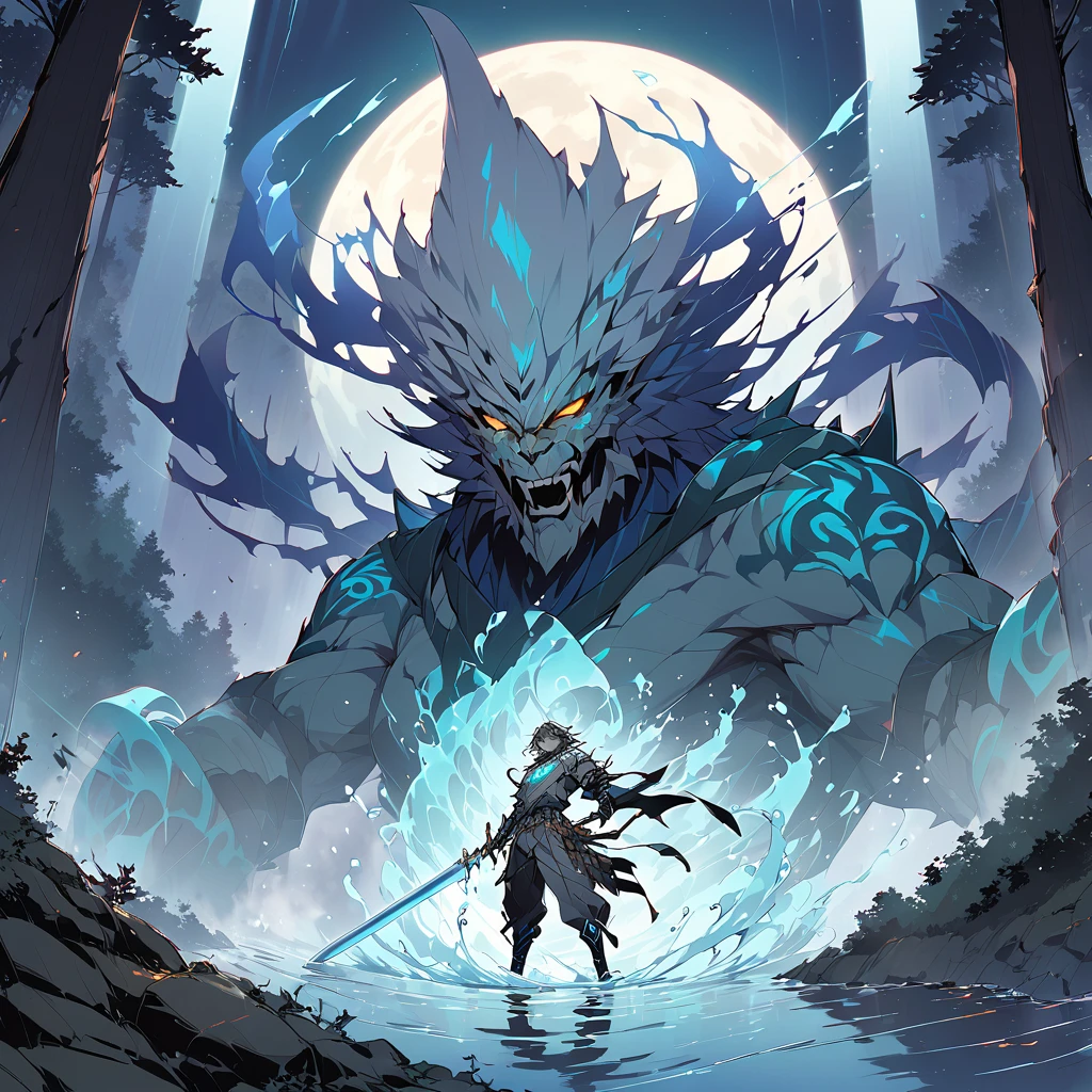 Amid a moonlit night in the dense forest, Giyu Tomioka, the Water Pillar, advances silently, your intense eyes reflecting relentless determination. With his Nichirin sword gleaming in the moonlight, he feels the ominous presence of demons around him. The night breeze carries with it the metallic smell of blood, signaling an imminent battle. Giyu respira fondo, invoking the Water Breathing technique, and in a fluid movement, like a powerful current, he prepares to face enemies with a devastating combination of skills and lethal precision Describe the scene in which Giyu Tomioka unleashes one of his most powerful forms of Water Breathing to protect the innocent and eliminate demons with unparalleled mastery