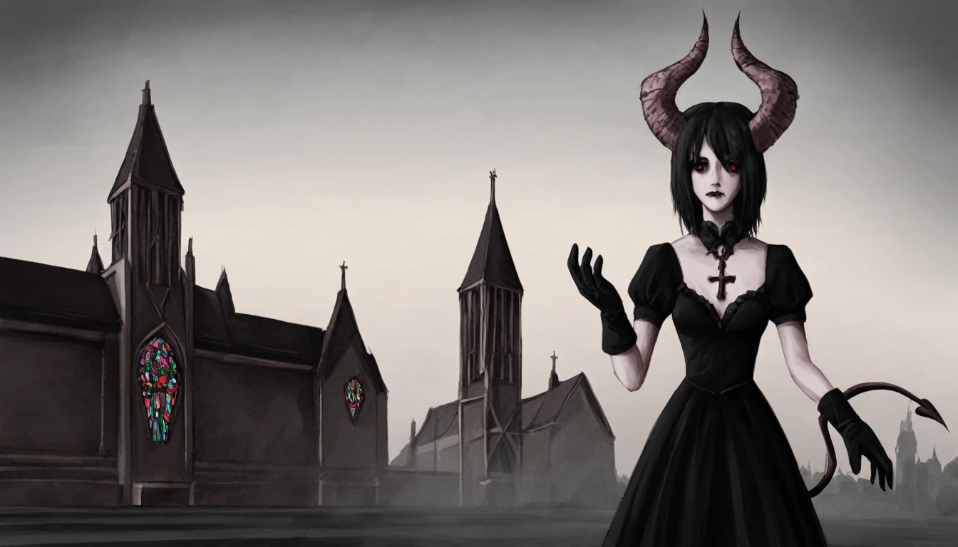 a painting of a holy succubus with horns, chiasmus, gloves, gothic dress, vampire the masquerade bloodlines, incredible art, gloomy background, nimbus, church ragged vestments, darksketch