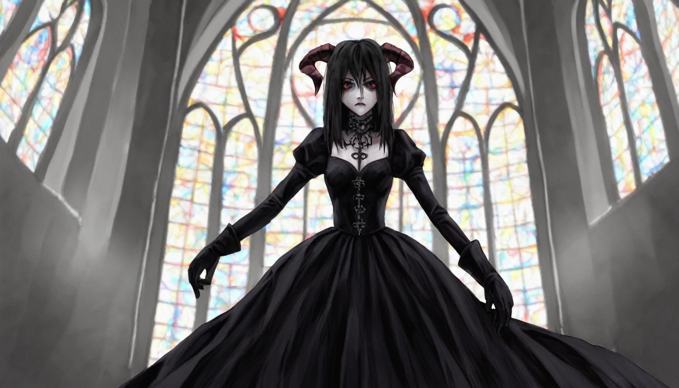 a painting of a holy succubus with horns, chiasmus, gloves, gothic dress, vampire the masquerade bloodlines, incredible art, gloomy background, nimbus, church ragged vestments, darksketch