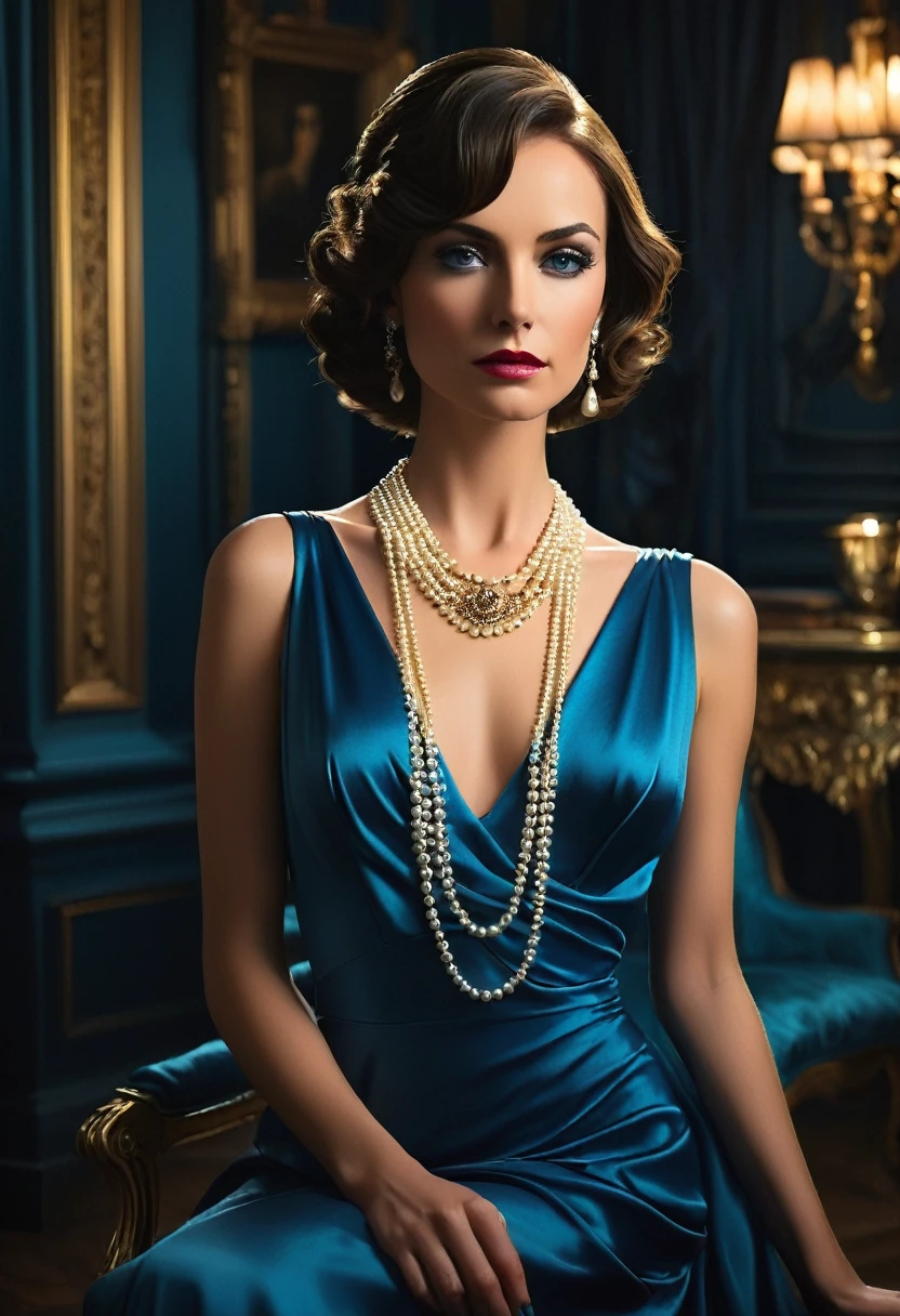 A stunning woman in her late 30s, her elegant beauty,beautiful face, vibrant eyes, dressed as A blue satin dress clings to her slender frame, the pearls around her neck ,A hint of defiance in her posture, despite the grief, suggests a hidden strength,The scene is a luxurious room, opulent yet shrouded in half-light. Shadows twist around lavish furniture, whispering unspoken truths.