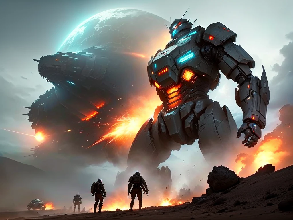 a group of soldiers and a giant robot shooting a (Huge Kaiju), fps game concept art, epic fantasy sci fi illustration, sergey kolesov concept art, jessica rossier fantasy art, concept art 4 k, concept art 4k, epic digital concept art, concept art wallpaper 4k, futuristic tank is on fire, concept art for a video game