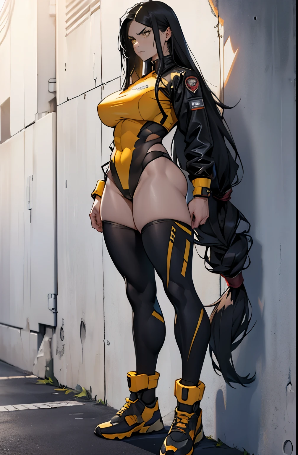 1girl, (((extremely long hair))), solo, (((muscular))), veins, black hair, yellow eyes, thick thighs, pale skin, strong, veins, big thighs, huge breasts, standing, bodyuit, pilot suit, ((thick thighs)), angry, against wall, gritty, (((full body)))