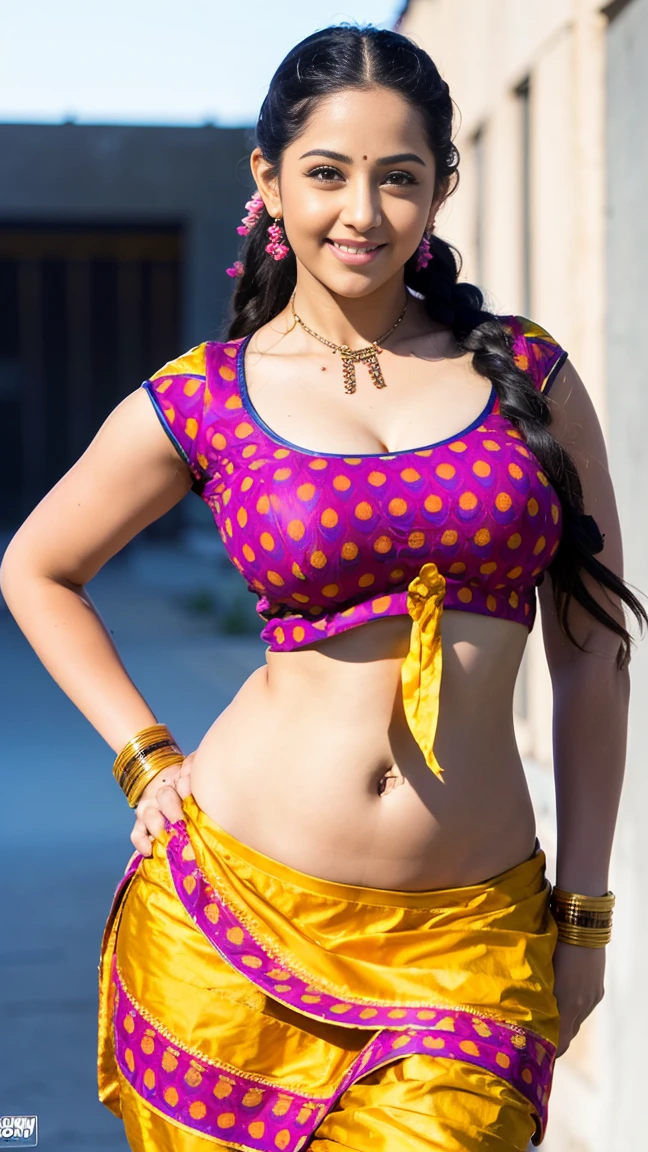 HD wallpaper 32k cinematic shoot of a Beautiful cute girl, with thick thighs and a curvy waist, twin braids, wearing an Indian blouse top, horny, seductively, in a school corridor, dotted blouse top, ((long curvy waist)), ((lowwaist)), ((curvy waist))