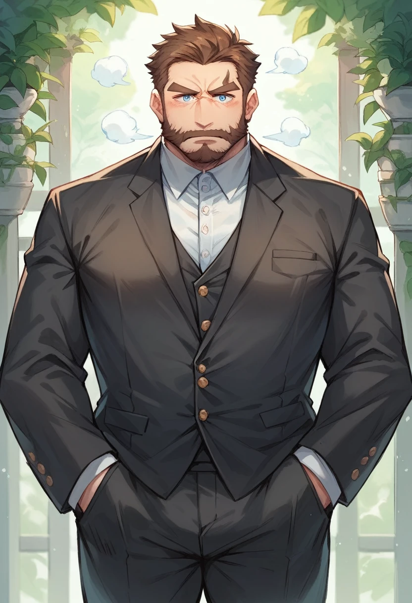 panda，personification，Mature male，Bad Uncle，beard，Cold expression，Blue pupils，Brown eyebrows，Black suit suit，Hands in pockets，The Age of Steam，garden。