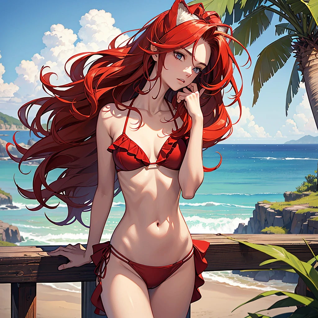 ((best quality)), ((masterpiece)), (detailed),High quality, Ultra detailed, best quality, insanely detailed, beautiful, masterpiece,
One Girl,, (slender),student, wild spiky hair,red hair,student,summer,sea side, (frill bikini, cowboy shot)
