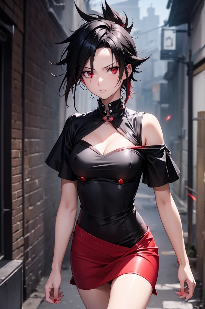 最high quality、best image quality、masterpiece、teenage girl((18-year-old、 By becoming、vest bust、medium bust,wide open breast tea、black eye, black hair、shortcut、short hair、thin,highest valley、Perforated gloves、blindfold headband、My whole body is full of scars、black tank top、red pants)),high quality、beautiful art、background((Dark road、Red rain、red lighting、Red Moon)),debris flies、Depth of written boundary、movie、visual art、perfect art、8K,genuine